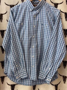 King Ranch Men's Blue White Plaid Check Long Sleeve Button Down Shirt M